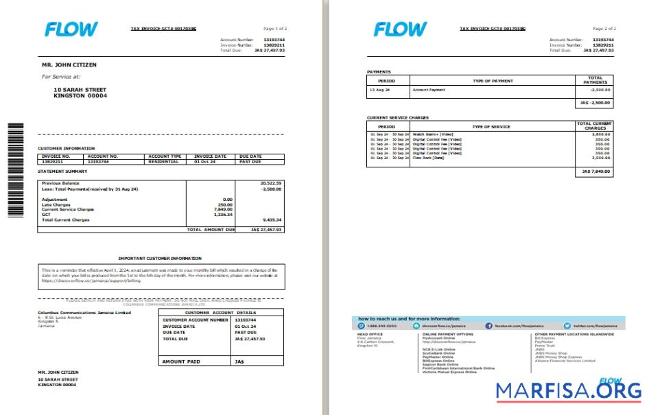 Printable Jamaica Flow tax invoice cable and internet bill Word and PDF template, 2 pages SCR